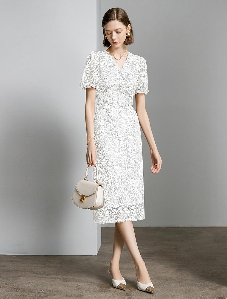 CyperRiver Women's Lace Floral V-Neck Dress with Puff